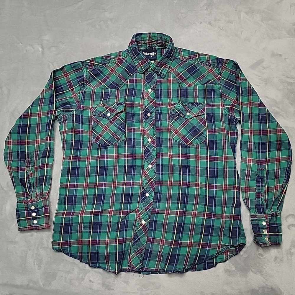 Wrangler Shirt Mens L Green Plaid Western Button Down Pearl Snap Long Sleeve